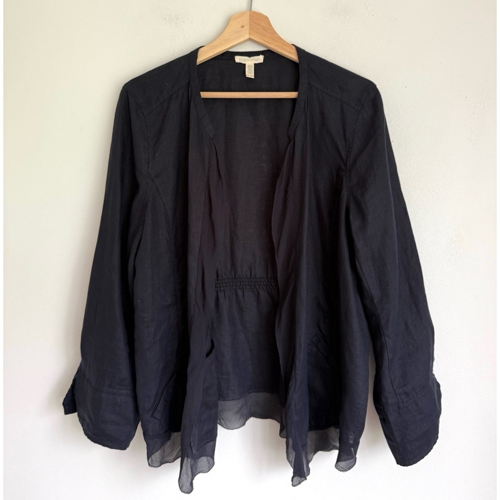 Eileen Fisher Organic Linen Open Cardigan Jacket in Navy Blue - Picture 2 of 6